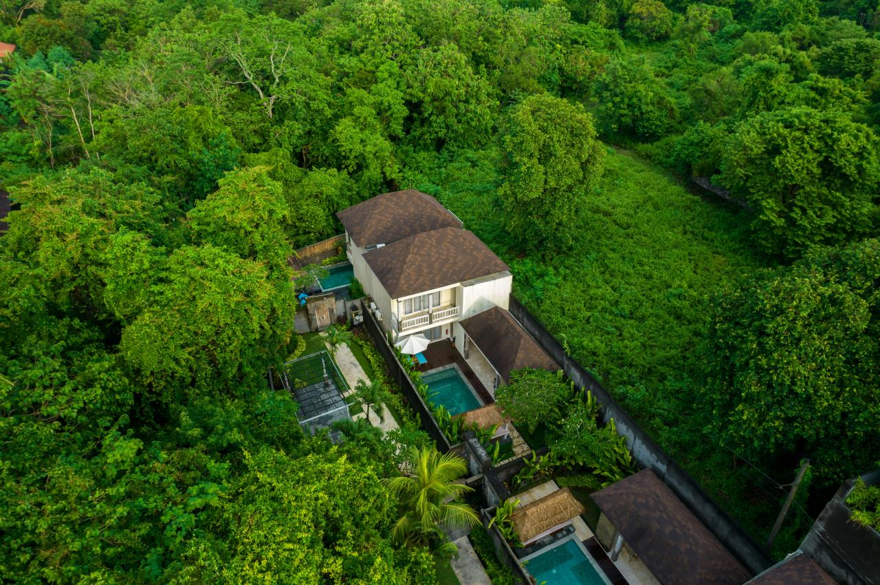 Pemandangan udara rumah yang dikelilingi oleh pepohonan